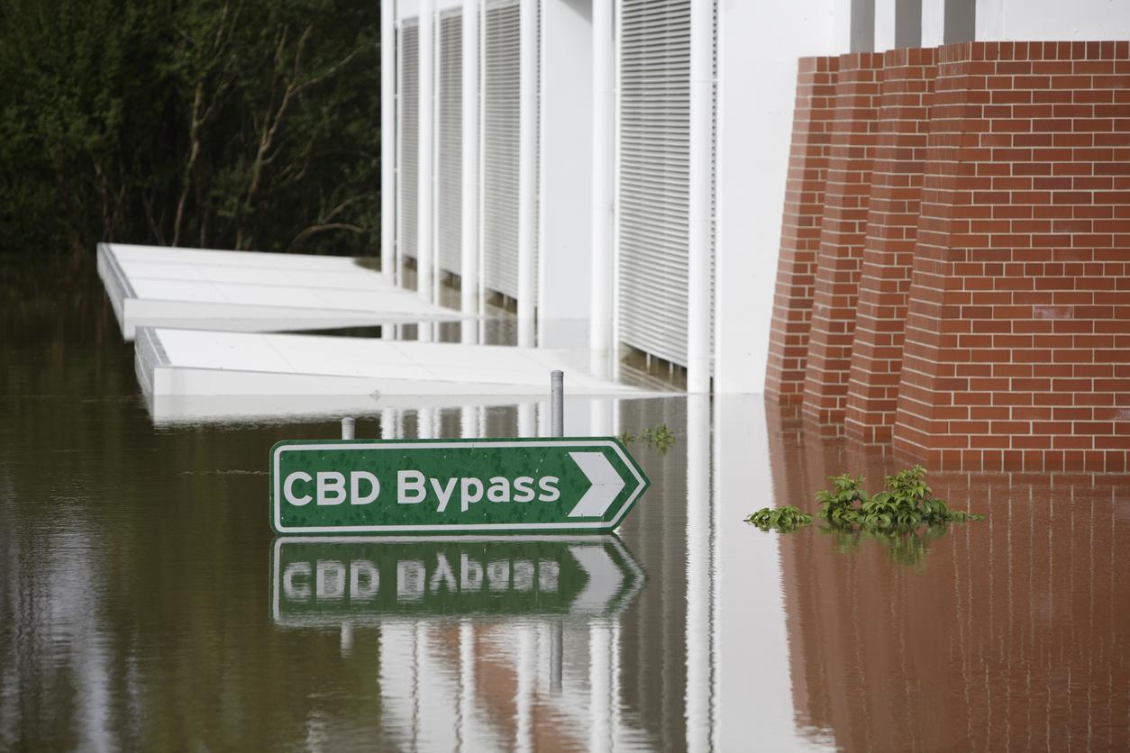 Photo of outside of flooded building